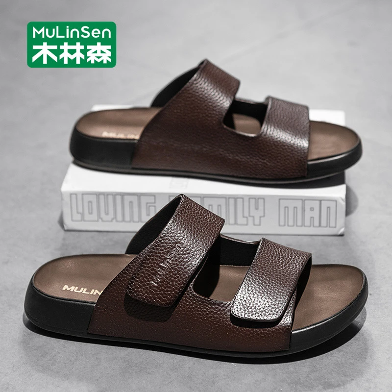 木林森一字拖鞋男款夏季真皮休闲运动防滑开车凉鞋外穿罗马沙滩鞋