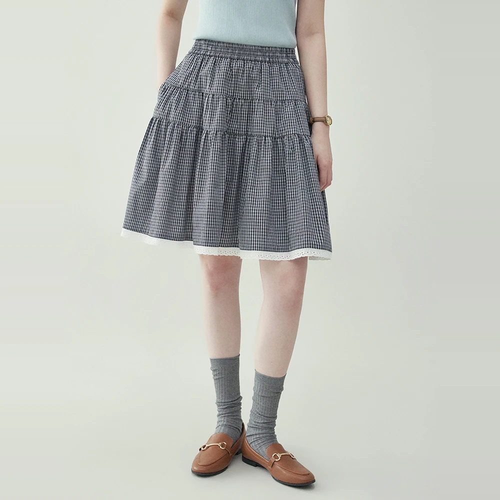 「北岛AMUU原创」韩系格纹蕾丝拼接纯棉短裙女夏季高腰显瘦蛋糕裙