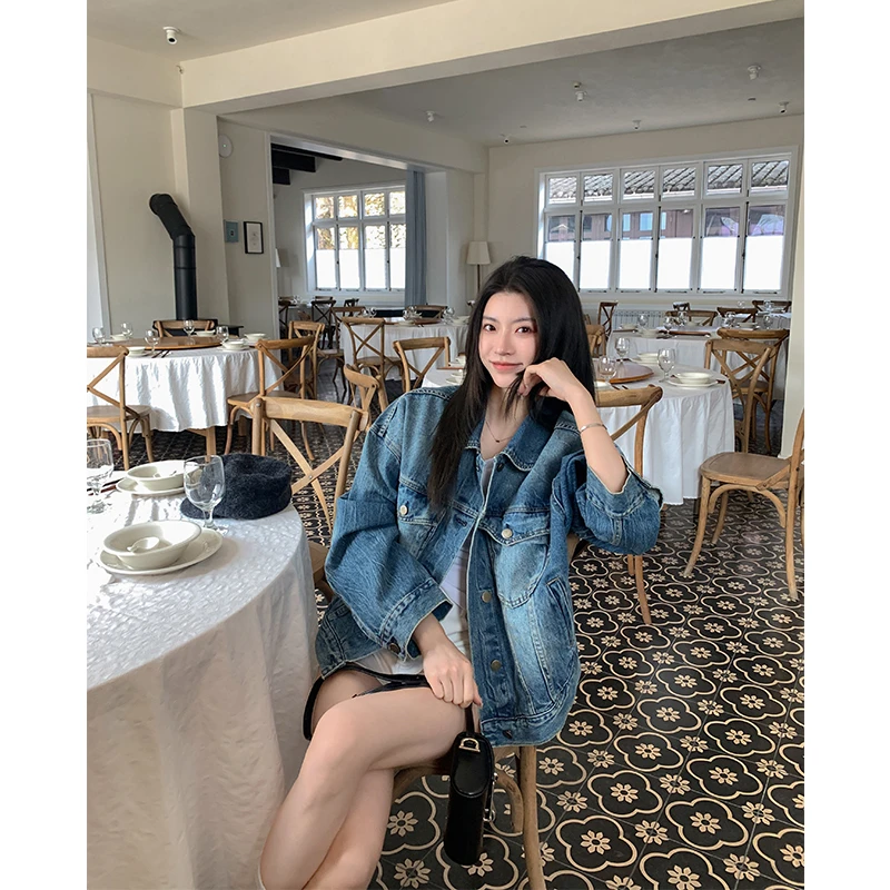 ADA MISS时髦立体结构落肩袖撞色水洗牛仔宽松廓形外套女春夏新款