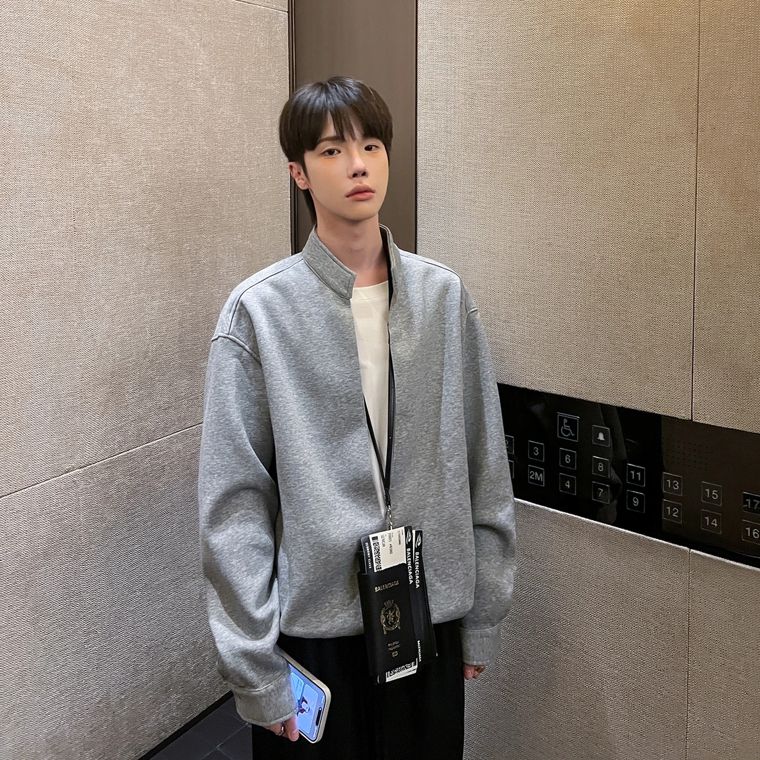 高林凡延续休闲层次感假两件立领卫衣男宽松百搭休闲日常上衣