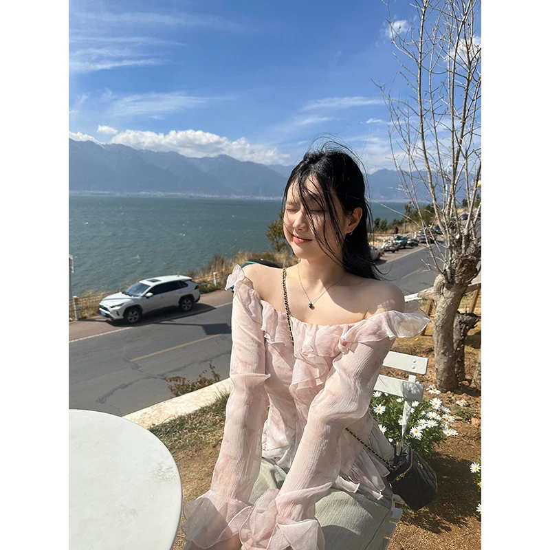 王少女YOKLASS 【清清】粉色修身一字领雪纺衫露肩上衣X16822S41
