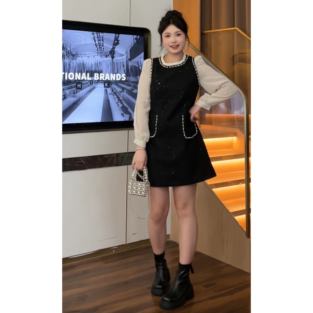 （现现款）周周微胖定制~2025时尚法式气质长袖假两件连衣裙W0011Q