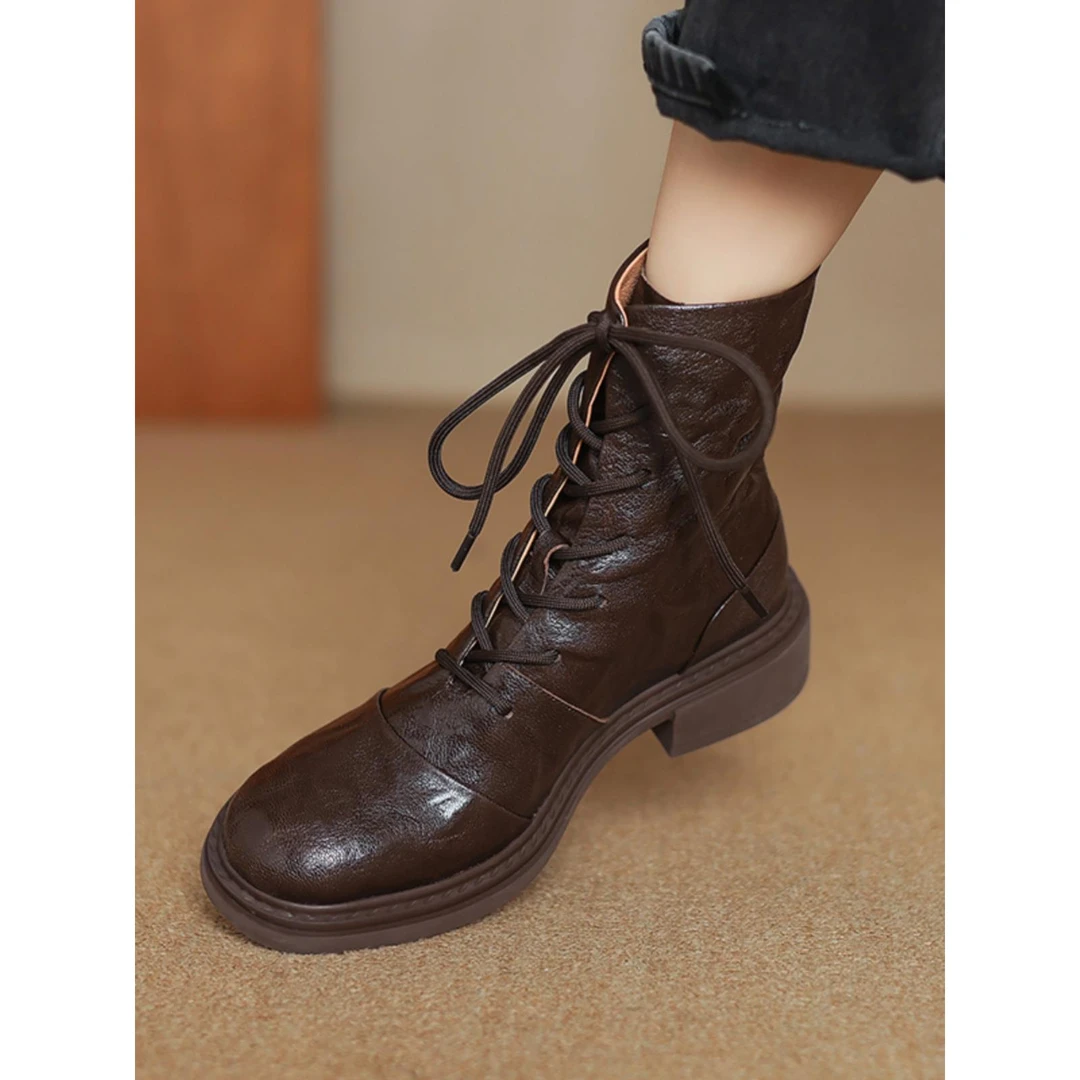 TOUCH MISS新款~头层羊皮真皮短靴英伦风软底马丁靴显瘦机车靴子