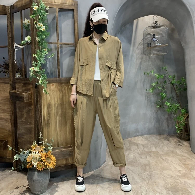 慵懒风复古休闲时尚套装女春季宽松遮肉蝙蝠袖上衣哈伦裤两件套