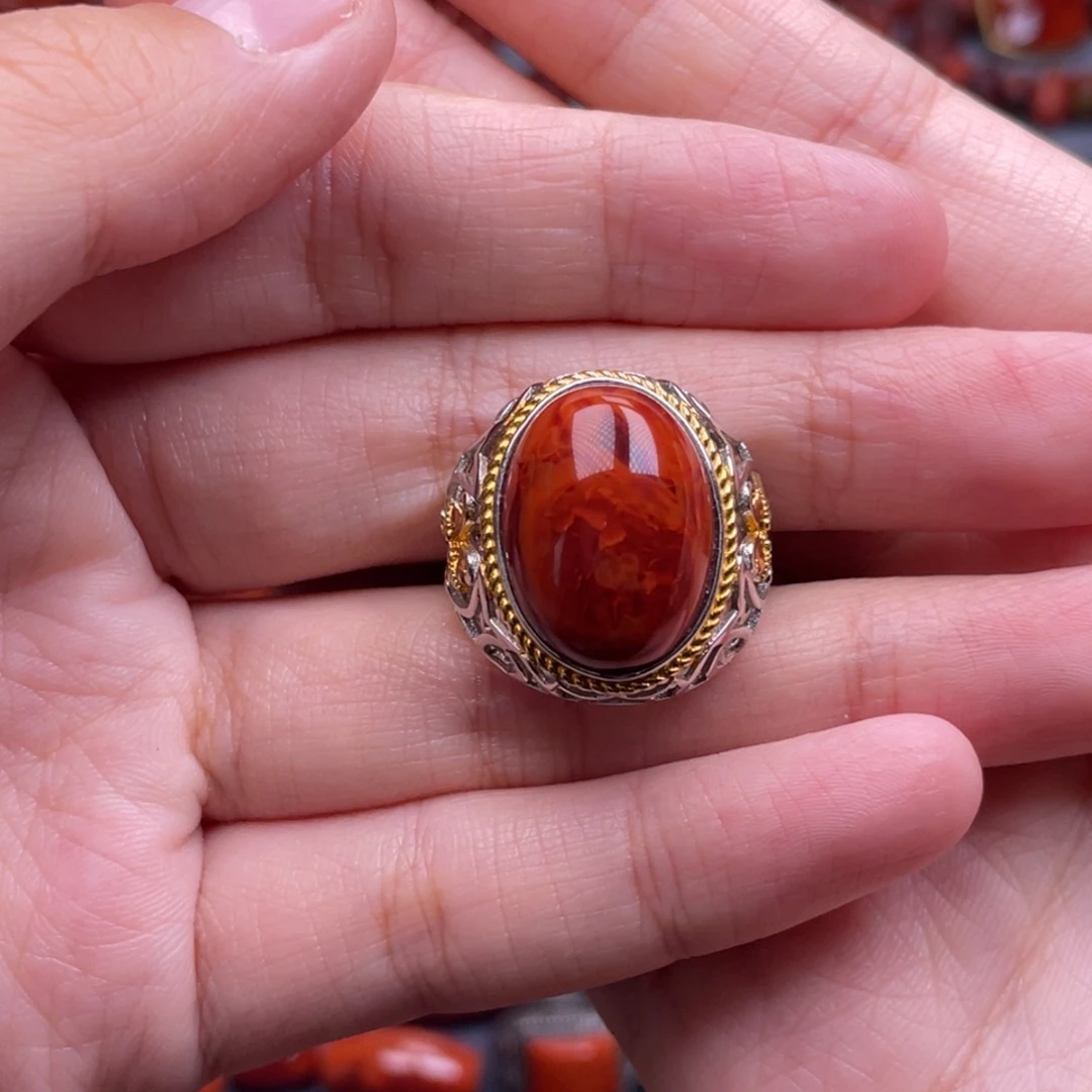 南红玛瑙银S925镶嵌珠宝奇石戒指