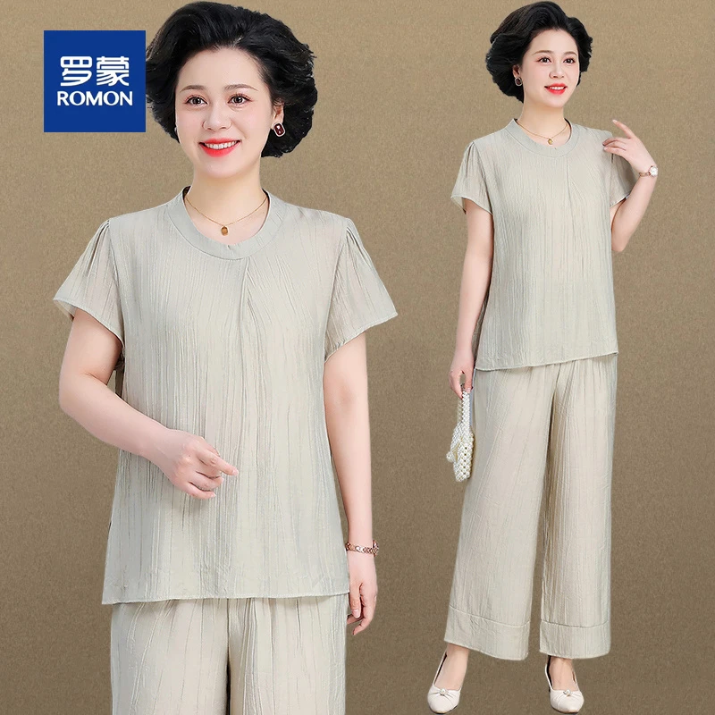 罗蒙气质妈妈夏装圆领小衫休闲套装女中老年人时尚两件套小衫夏