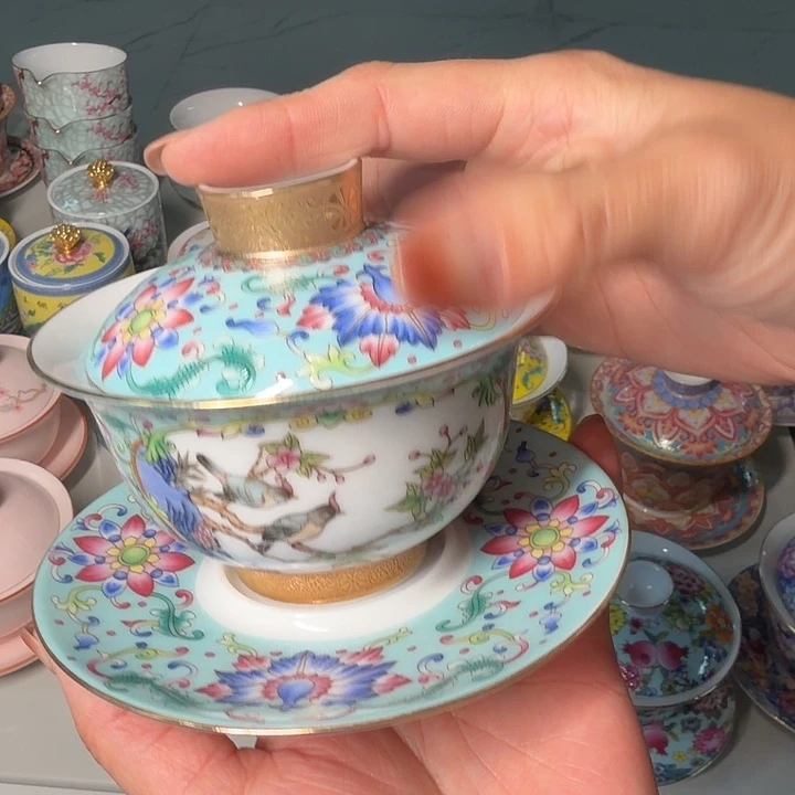 珐琅彩三才盖碗蓝色满彩