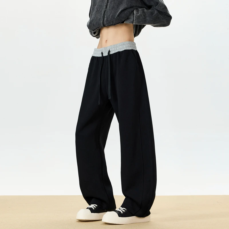 早秋新款卫裤美式撞色休闲裤宽松直筒裤男款重磅卫裤男女弯刀裤