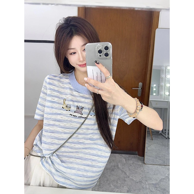 港味复古撞色条纹短袖t恤女2025新款卡通刺绣花正肩显瘦圆领上衣