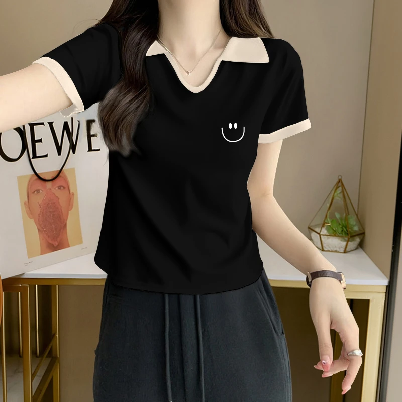 大码胖mm设计感小众撞色翻领短袖T恤女士夏季韩版简约印花上衣ins