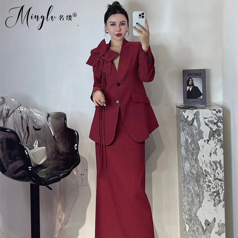 2025秋冬新款高端气质立体花朵西装套装女开叉半身裙时尚两件套