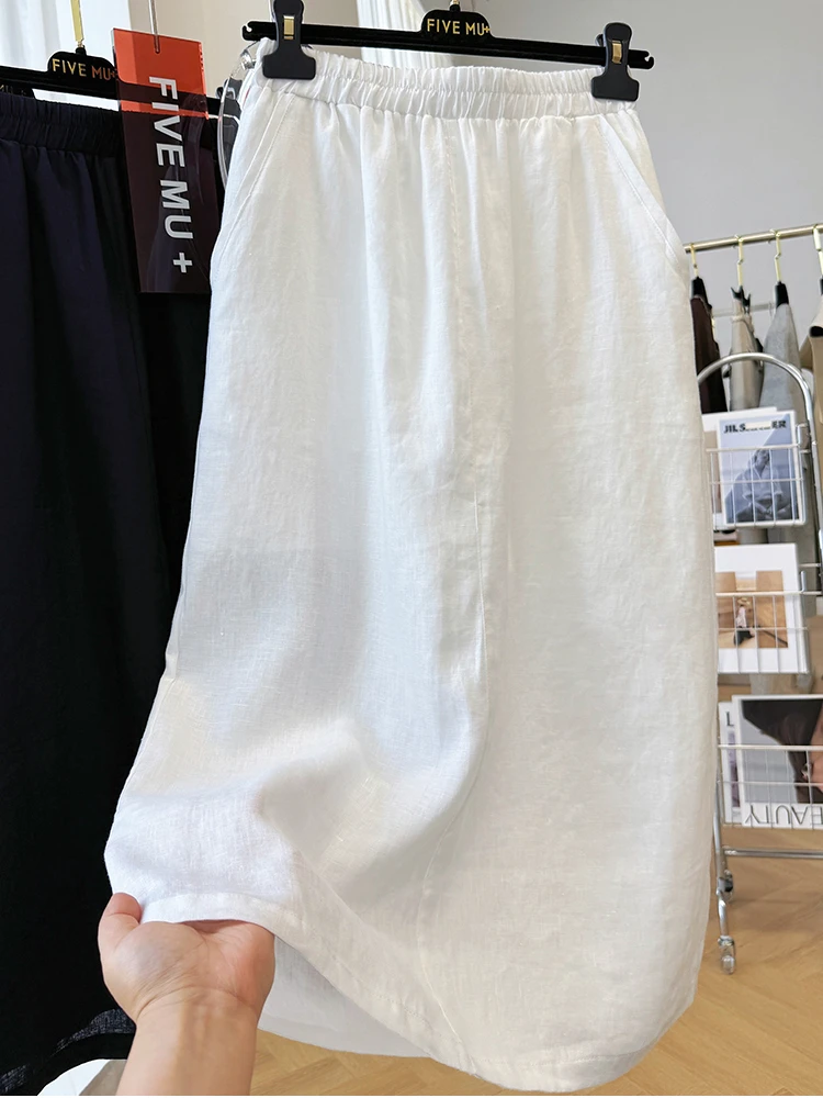 夏季新款高级感松紧腰直筒高腰裙子显瘦气质系半身裙亚麻过膝长裙