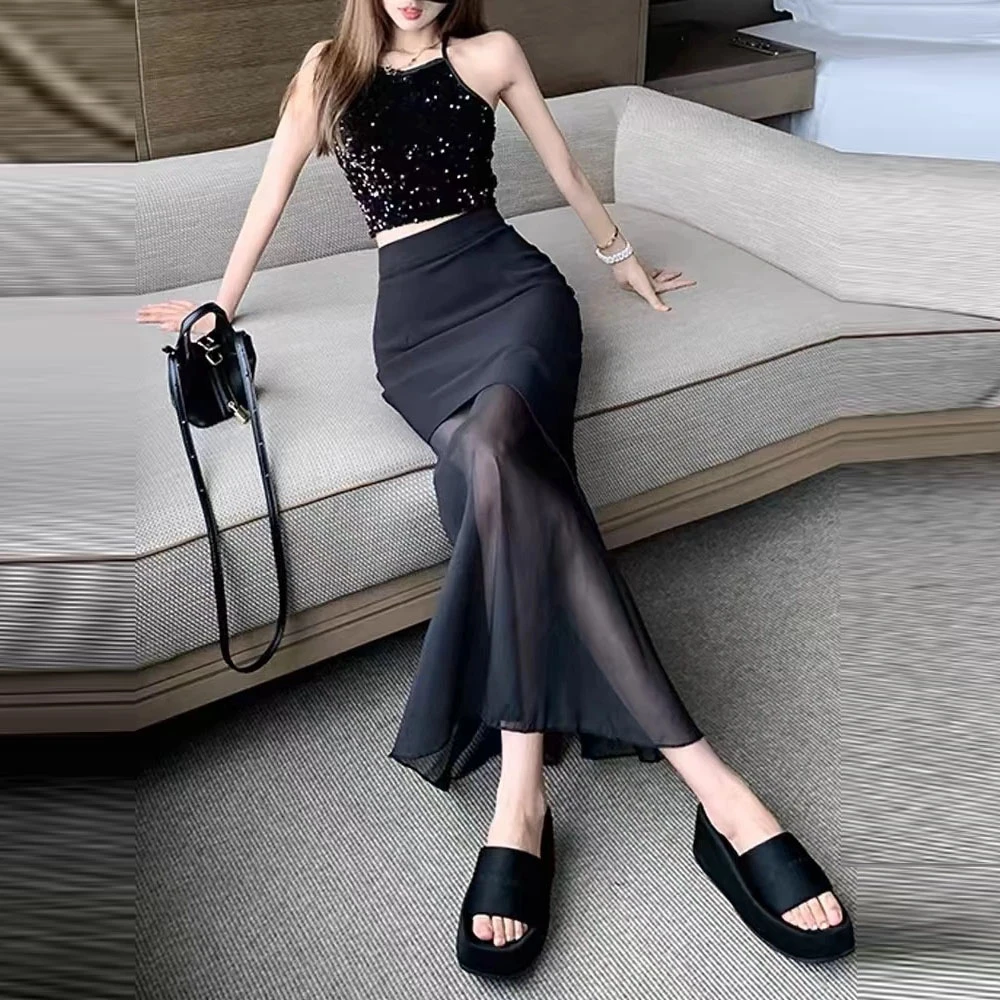 时尚拼接网纱包臀半身裙女夏季新款修身不规则鱼尾包臀长裙9315#