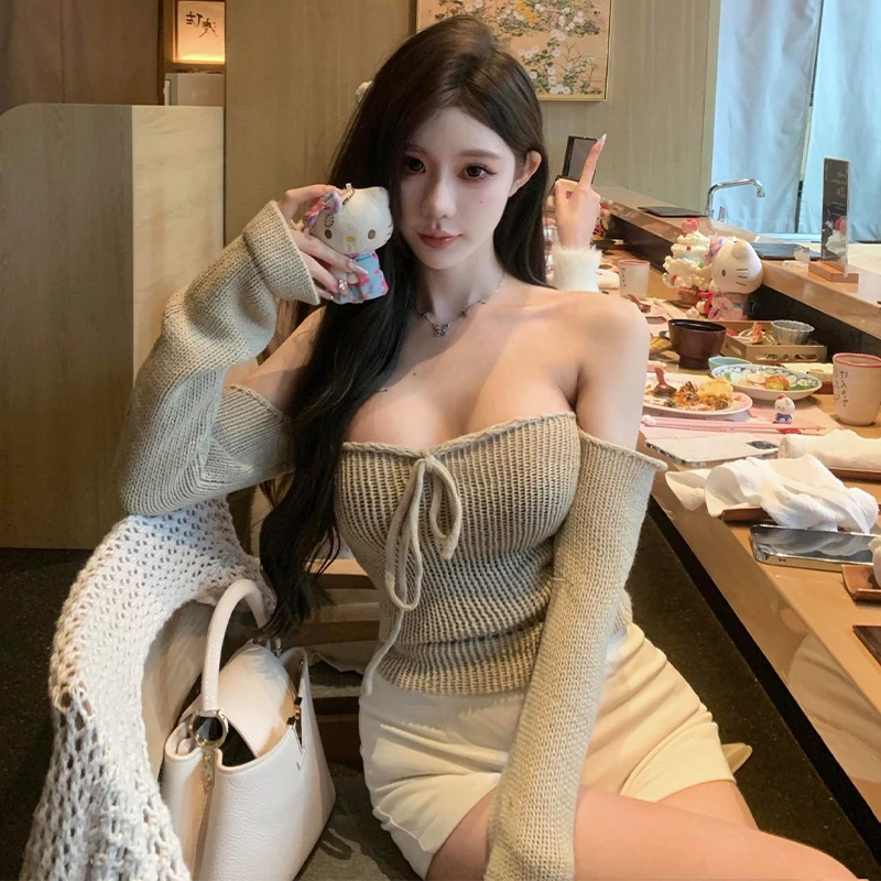 设计感挂脖系带一字肩针织T恤女夏季纯欲风性感修身显瘦长袖上衣
