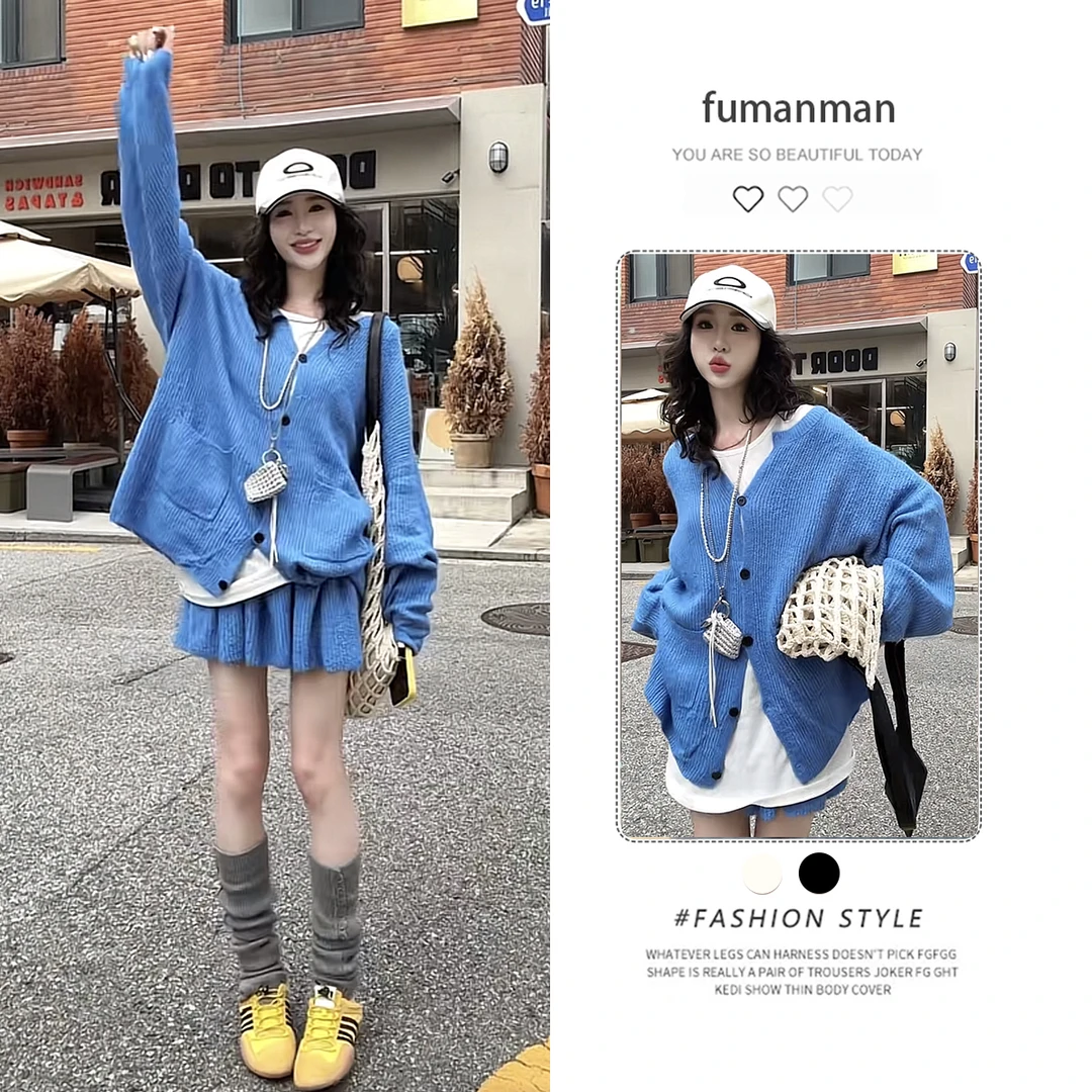 秋季套装女2025新款韩系克莱因蓝V领长袖针织开衫高腰短裙两件套