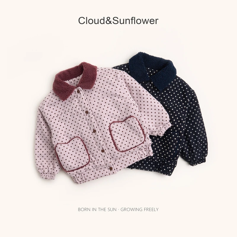 【云朵小葵】女童冬季新款毛绒翻领满印波点加厚保暖棉服555426