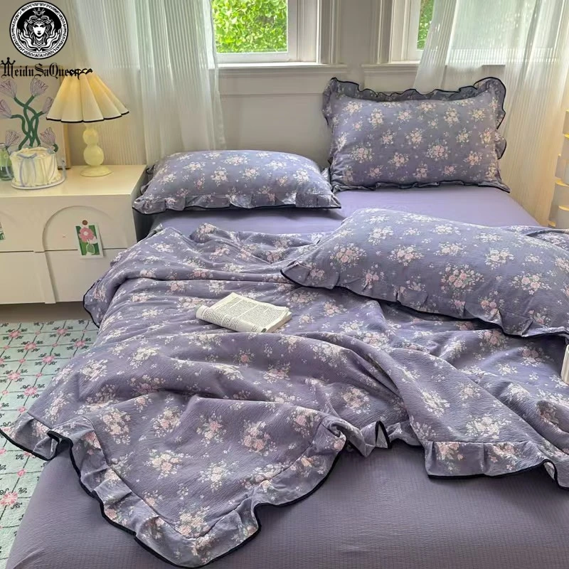 【夏被四件套】新款A类双层纱针织棉空调被公主风花边款夏被四件套