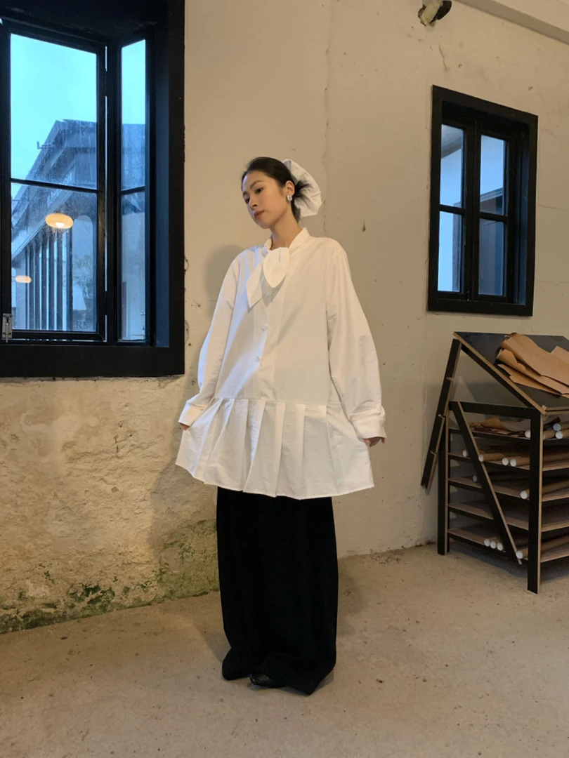 【秋上新】法式蝴蝶结绑带百褶衬衫 J25026