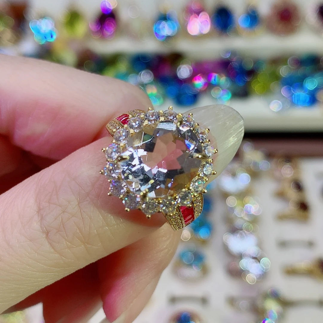 尼***银S925镀金镶嵌戒指水晶
