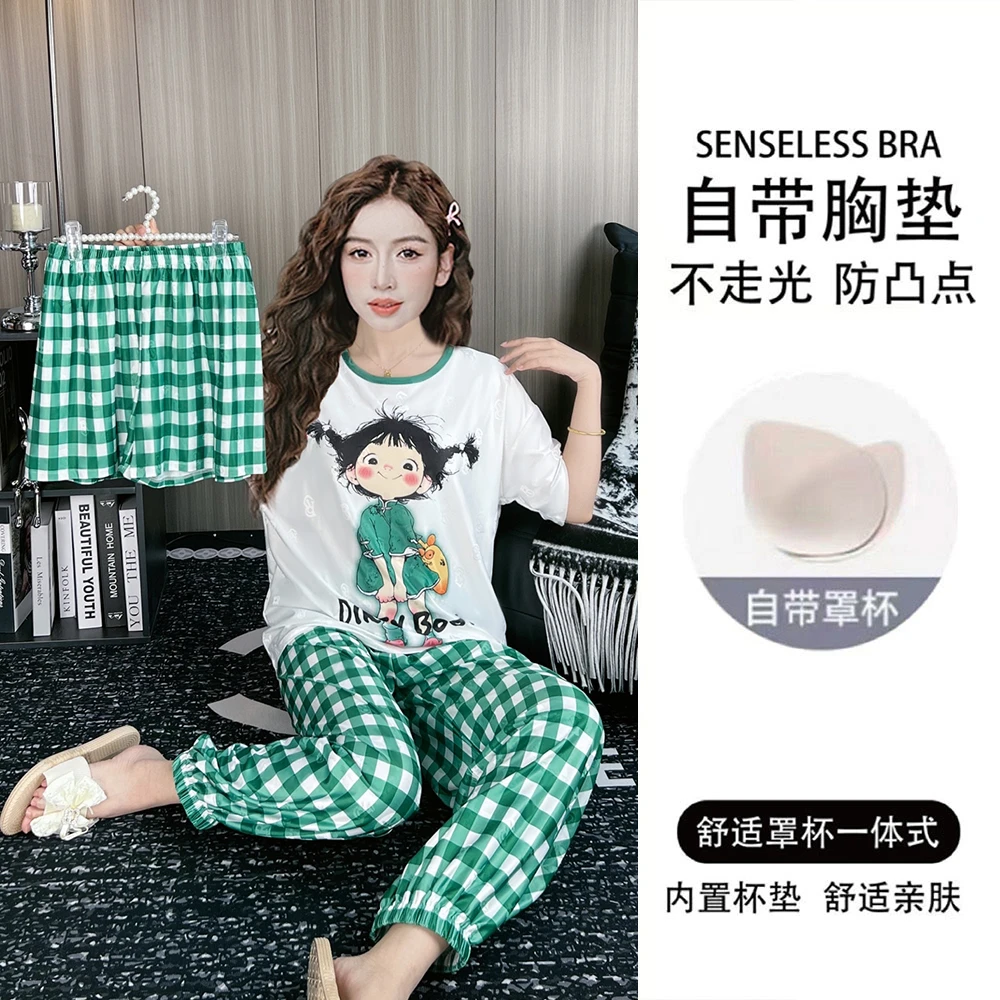 带胸垫夏季提花冰丝睡衣女短袖薄款三件套宽松卡通家居服套装夏天
