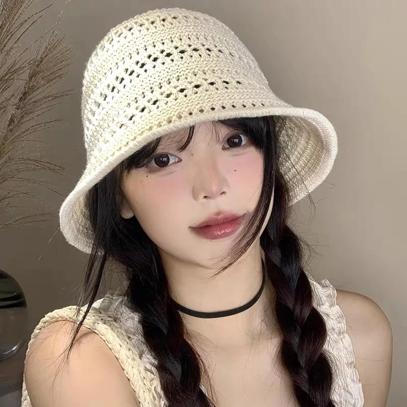 镂空针织渔夫帽子夏季女新款韩系水桶帽草帽文艺薄款透气钩针盆帽