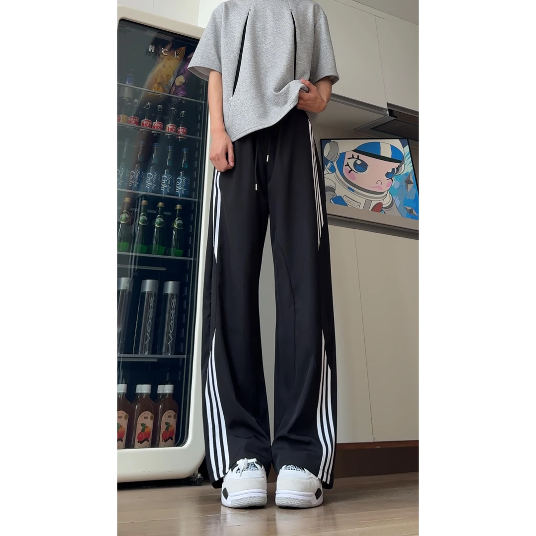 美式三条杠运动冰丝裤男女夏季cleanfit垂感阔腿裤潮牌宽松休闲裤