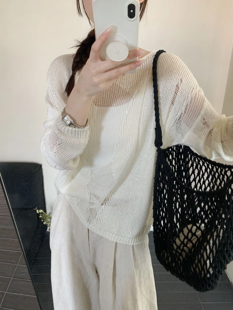 【素简.500119】春款上新星点亚麻老钱风亮片圆领女装上新针织衫