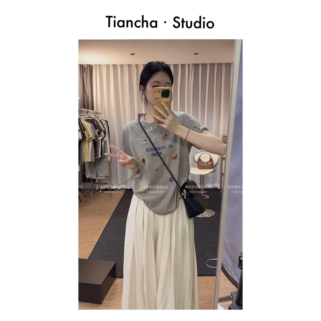 sweet c【小乐园】M242#韩版风正肩刺绣短袖T恤女百搭时尚上衣