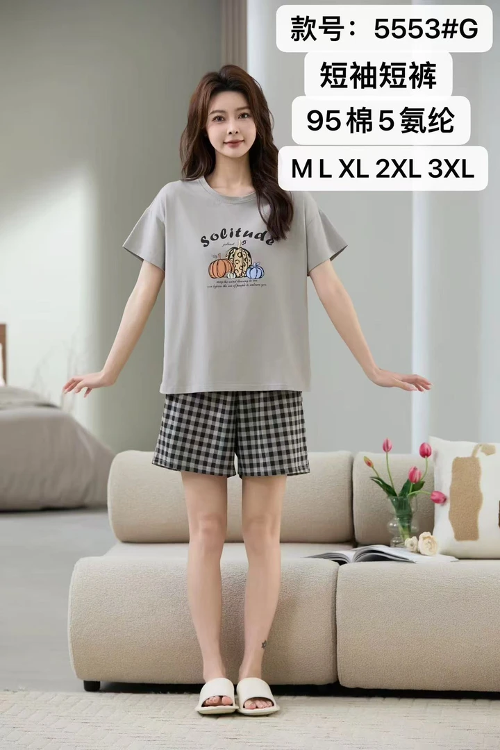 芬亿夏季爽棉睡衣女短袖大码休闲女士薄款宽松居家格子印花可外穿
