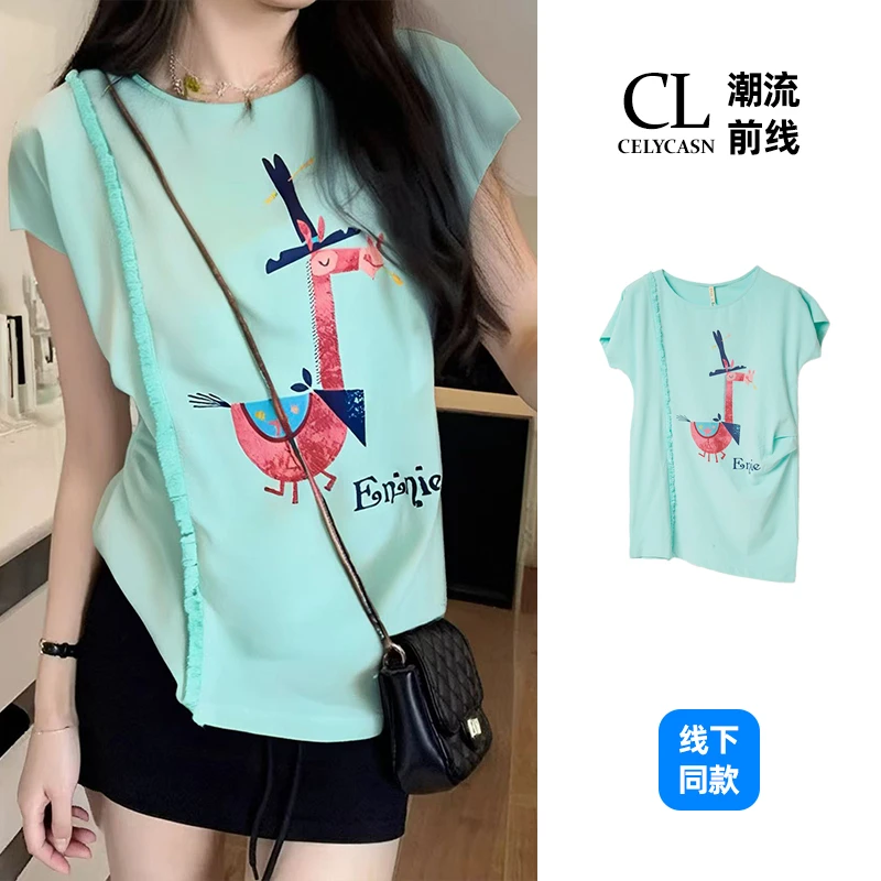 E6JB2C54#夏季韩版卡通印花圆领短袖t恤女宽松慵懒风上衣