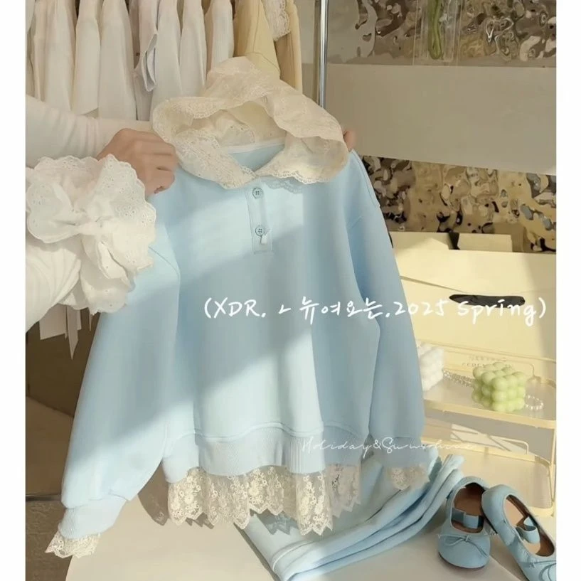 女童卫衣套装2025春秋新款女孩蕾丝拼接花边连帽卫衣卫裤两件套潮