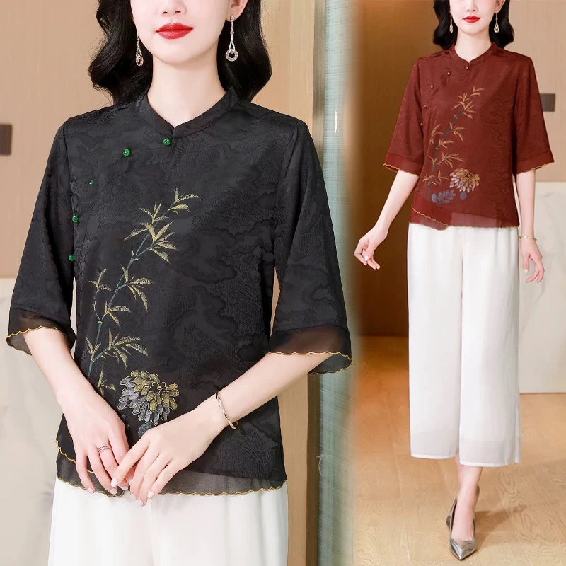 母亲节夏季优雅国风妈妈装新中式提花气质小衫中袖洋气高贵上衣