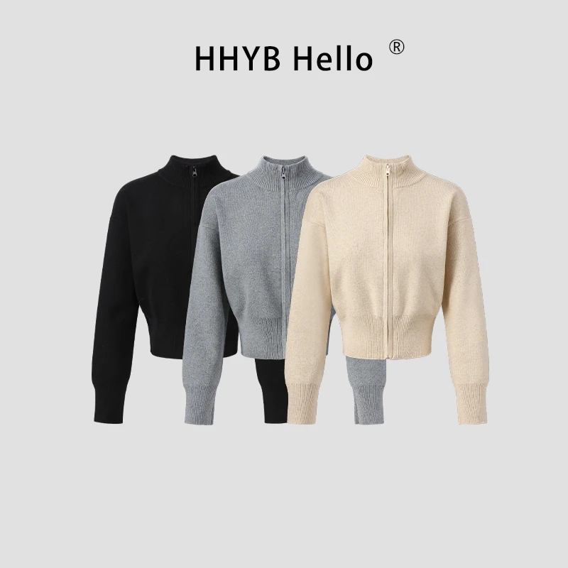 HHYB Hello简约立领收腰长袖拉链针织上衣2025秋冬新款外套M1381