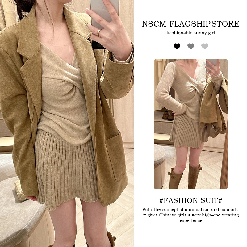 NSCM秋冬新款纯欲慵懒风修身扭结内搭针织衫长袖毛衣外套气质短裙