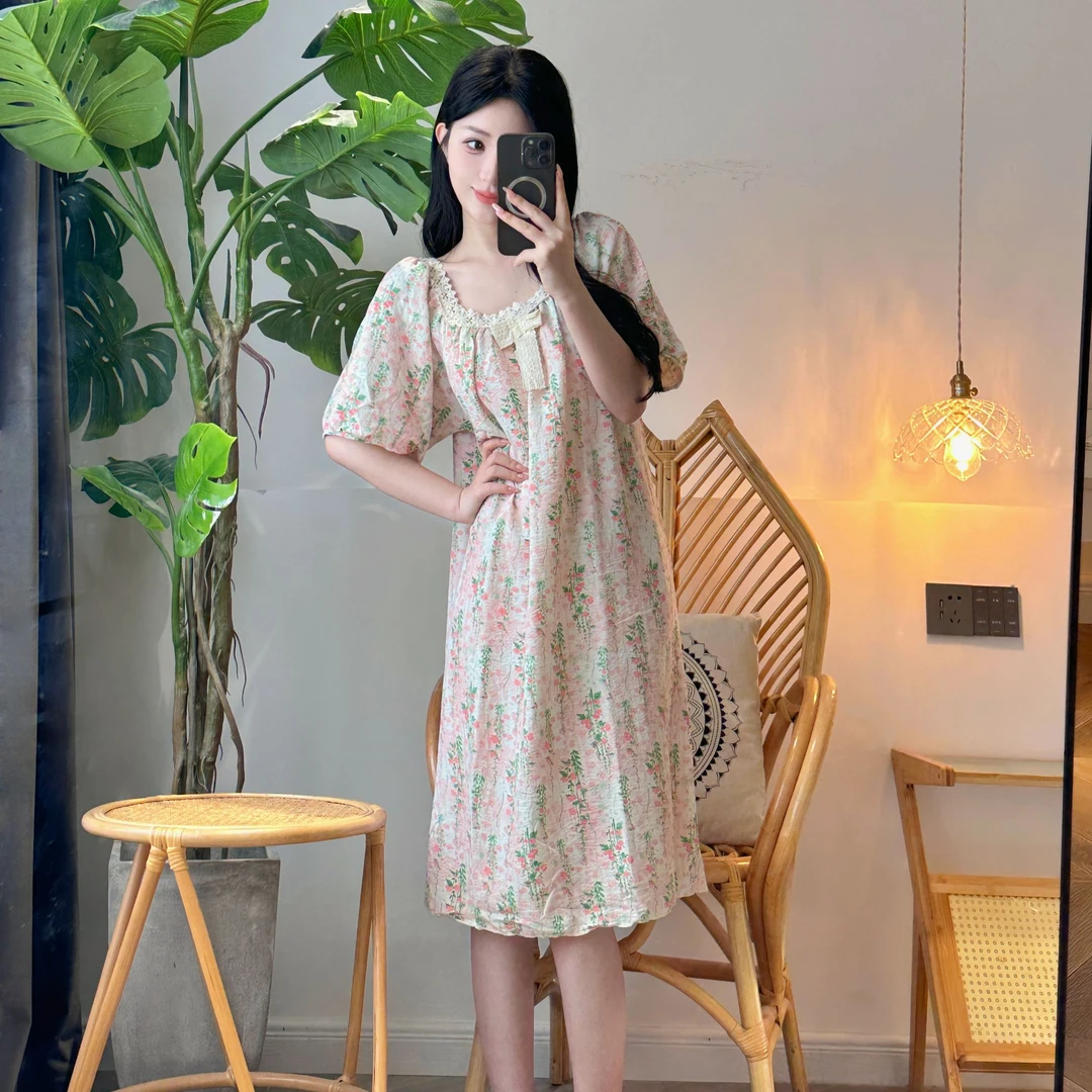 亿鑫康《粉色花夏》睡裙睡衣女春秋款年新款网红家居服