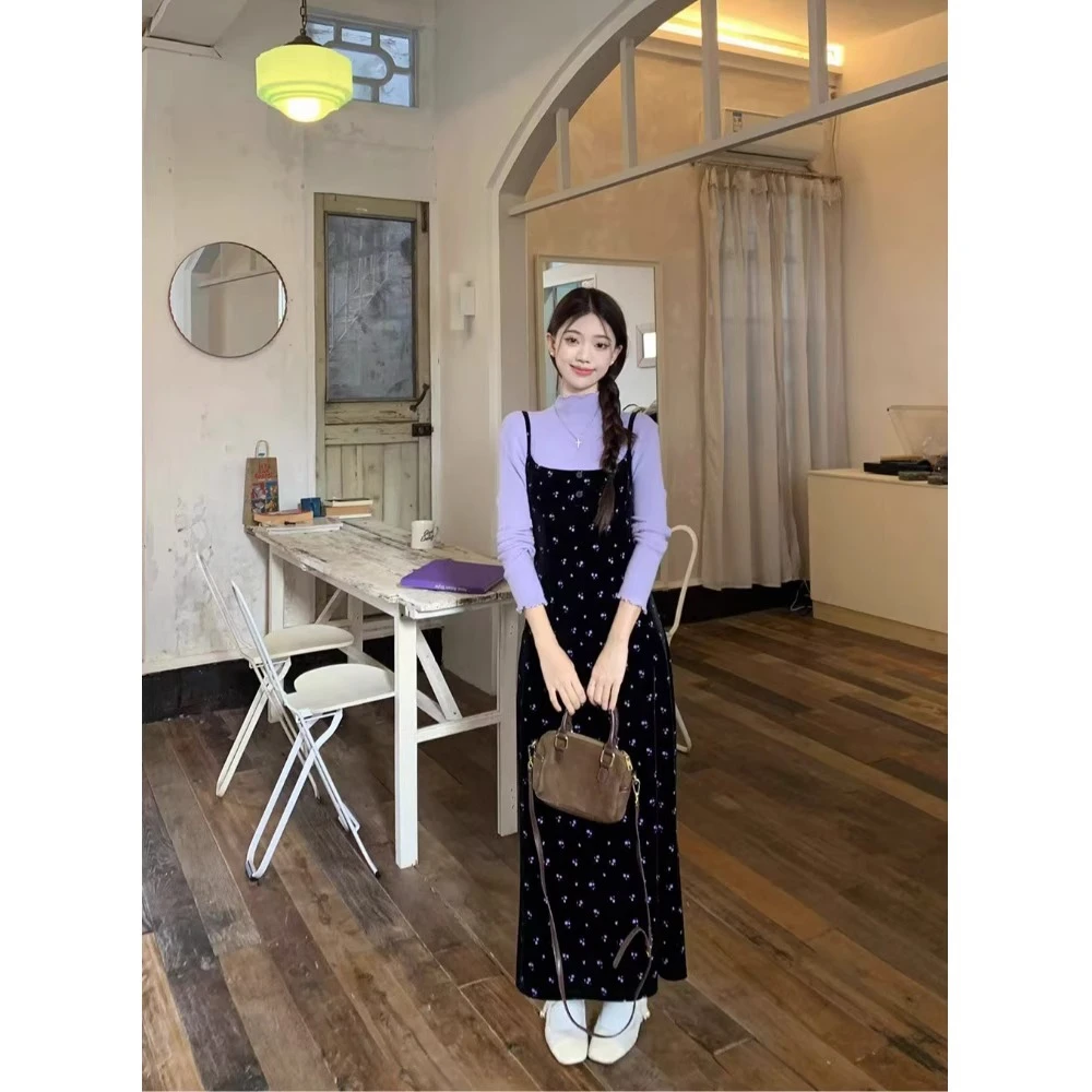 新中式国风EIA一尧恋综2024女友紫色碎花连衣裙女秋冬吊带包臀裙