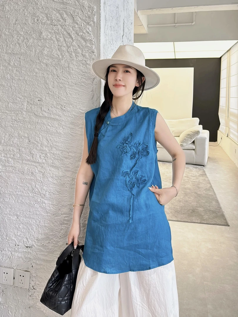 新中式改良旗袍无袖背心女2025夏季新款宽松休闲气质薄款麻料上衣