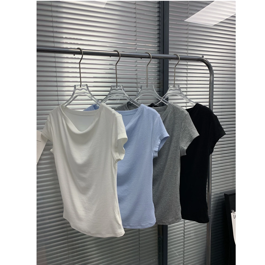 okk！夏季简约荡领不规则显瘦百搭纯T