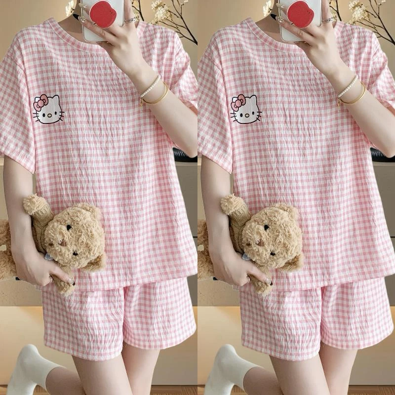 2025新款云朵棉睡衣女夏季分体出门款高端蓝格子夏天韩版睡衣套装