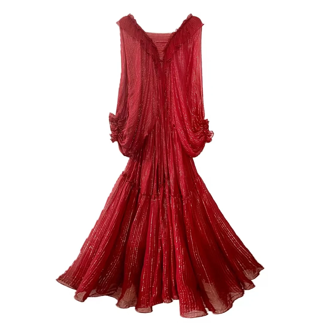 2025年秋夏款酒红桑蚕丝连衣裙宽松时尚女装连衣裙海边度假沙滩裙