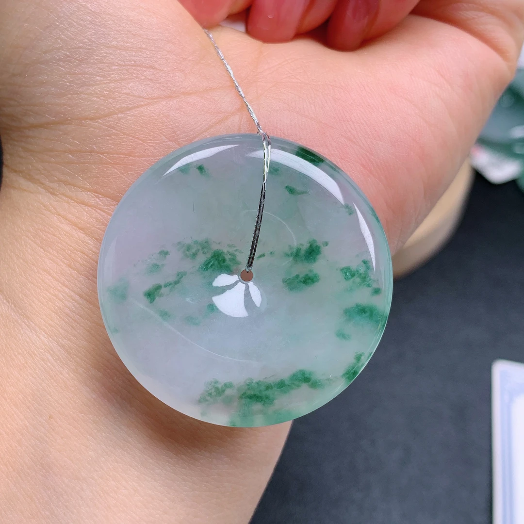 天然缅甸翡翠A货冰飘花平安扣气质精美尺寸38+6.1