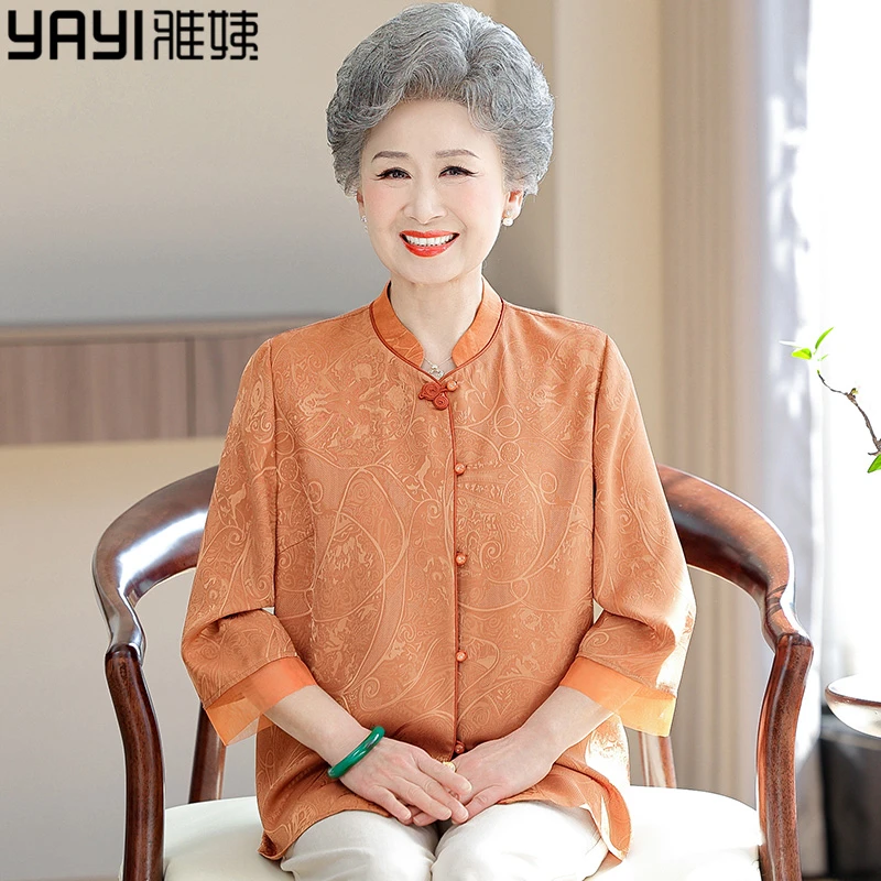 中老年女装中式盘扣薄款上衣老年人奶奶唐装气质2025新款夏装衬衫