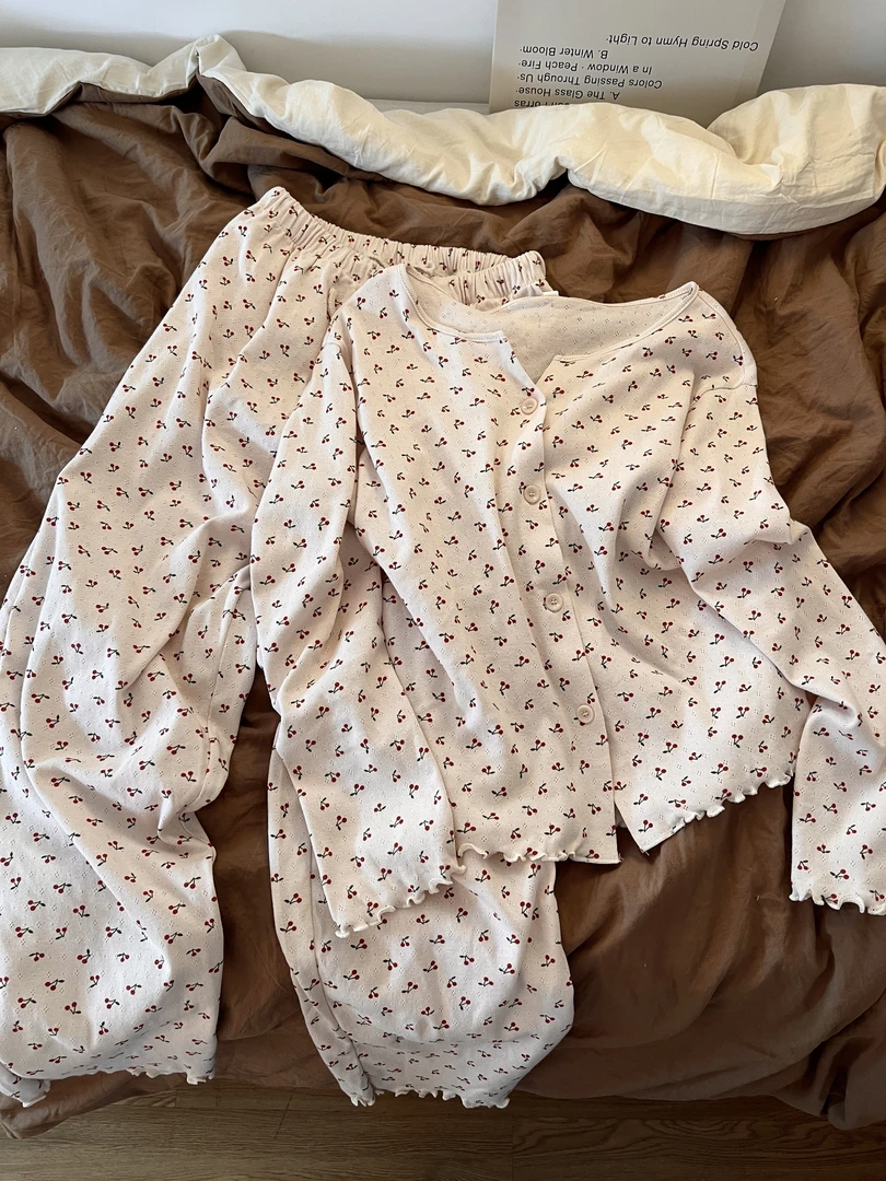 韩系复古樱桃碎花高级柔软睡衣女春秋新款慵懒长袖长裤懒人家居服