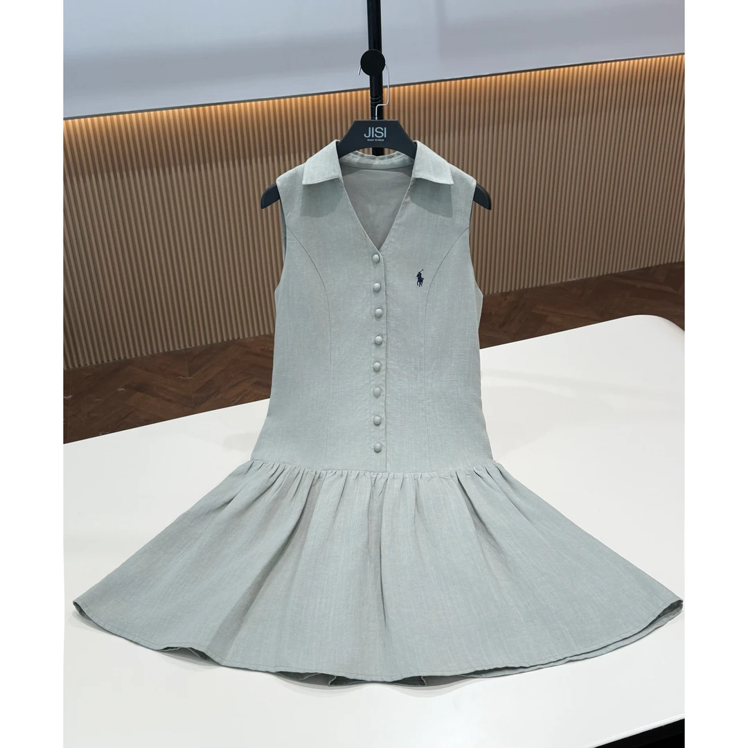 JISI R+豆绿老钱色V领连衣裙-L25394A