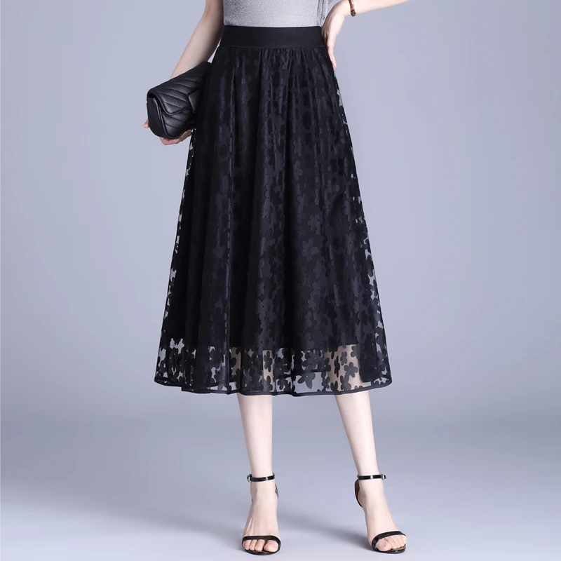 黑色网纱半身裙女春秋2025新款松紧腰显瘦垂感a字裙中长通勤伞裙