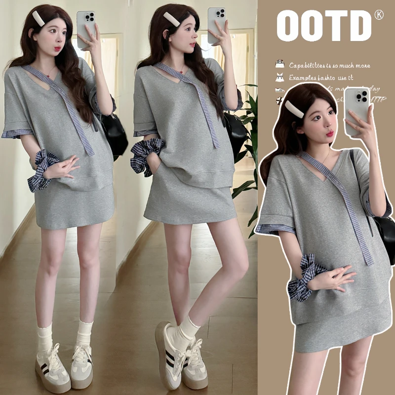 孕妇套装夏装新款时尚简约休闲拼接短袖V领上衣显瘦洋气减龄短裙