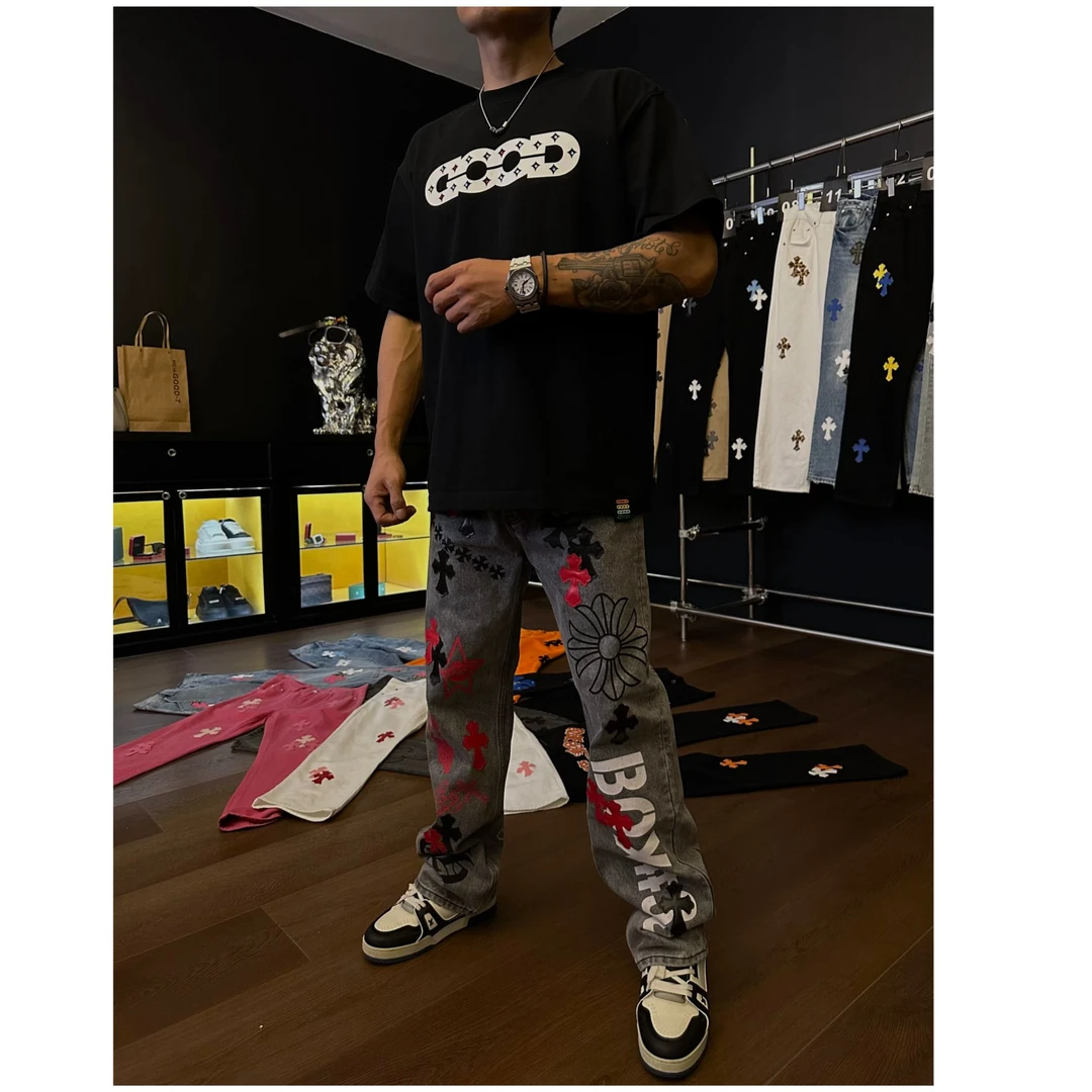 【壹楠】克家十字标.时尚直筒十字架牛仔裤KLX-CHTX667295