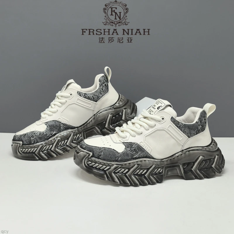 法莎尼亚男生休闲皮鞋秋季款高端潮鞋时尚厚底增高鞋个性百搭鞋子