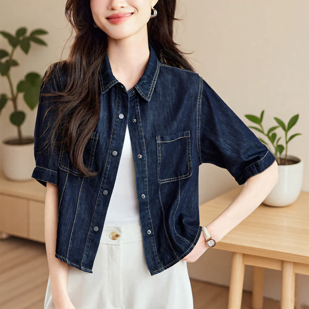 夏季薄款女款复古牛仔衬衫上衣设计感女装短外套休闲百搭宽松显瘦