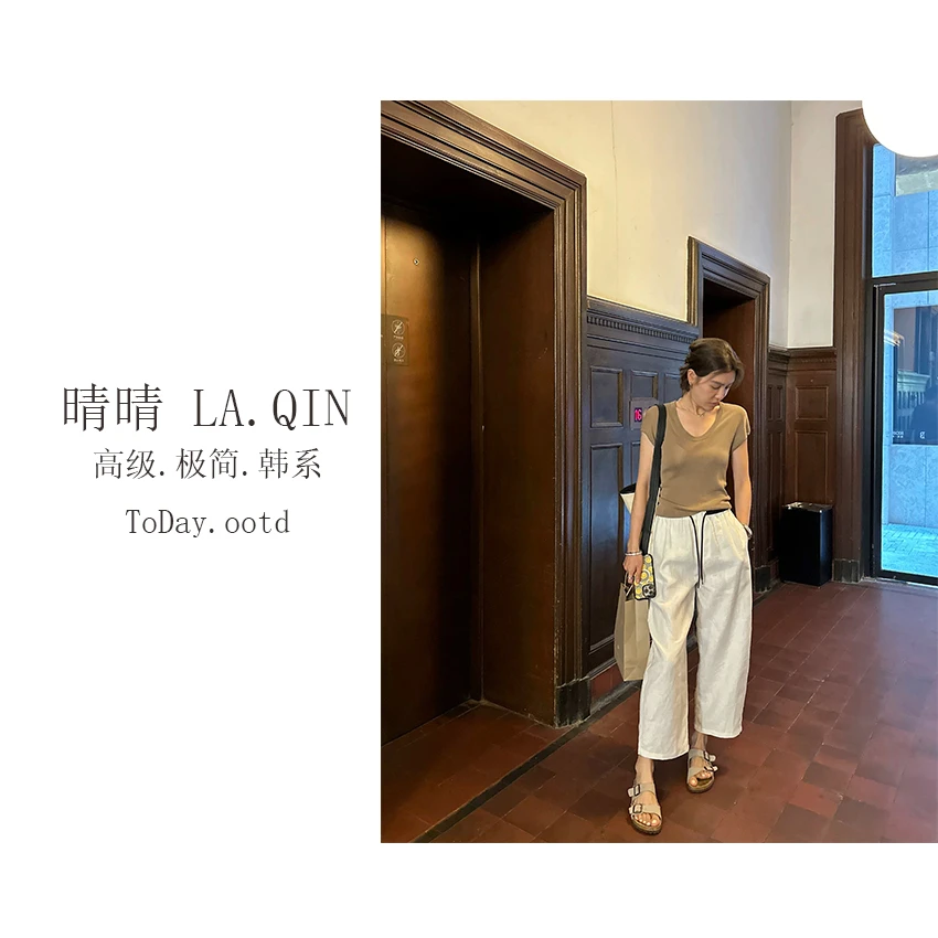 晴晴家-【雨露麻拼色腰】夏季简约气质撞色腰头雨露麻阔腿裤5297